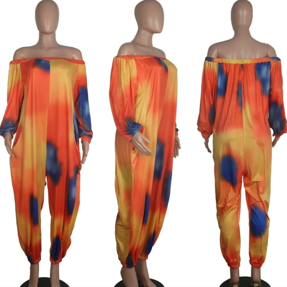 MESLIMA Women's Loose Fit Elastic Off Shoulder Beam Jumpsuit Romper w/ Pockets - Picture 3 of 6